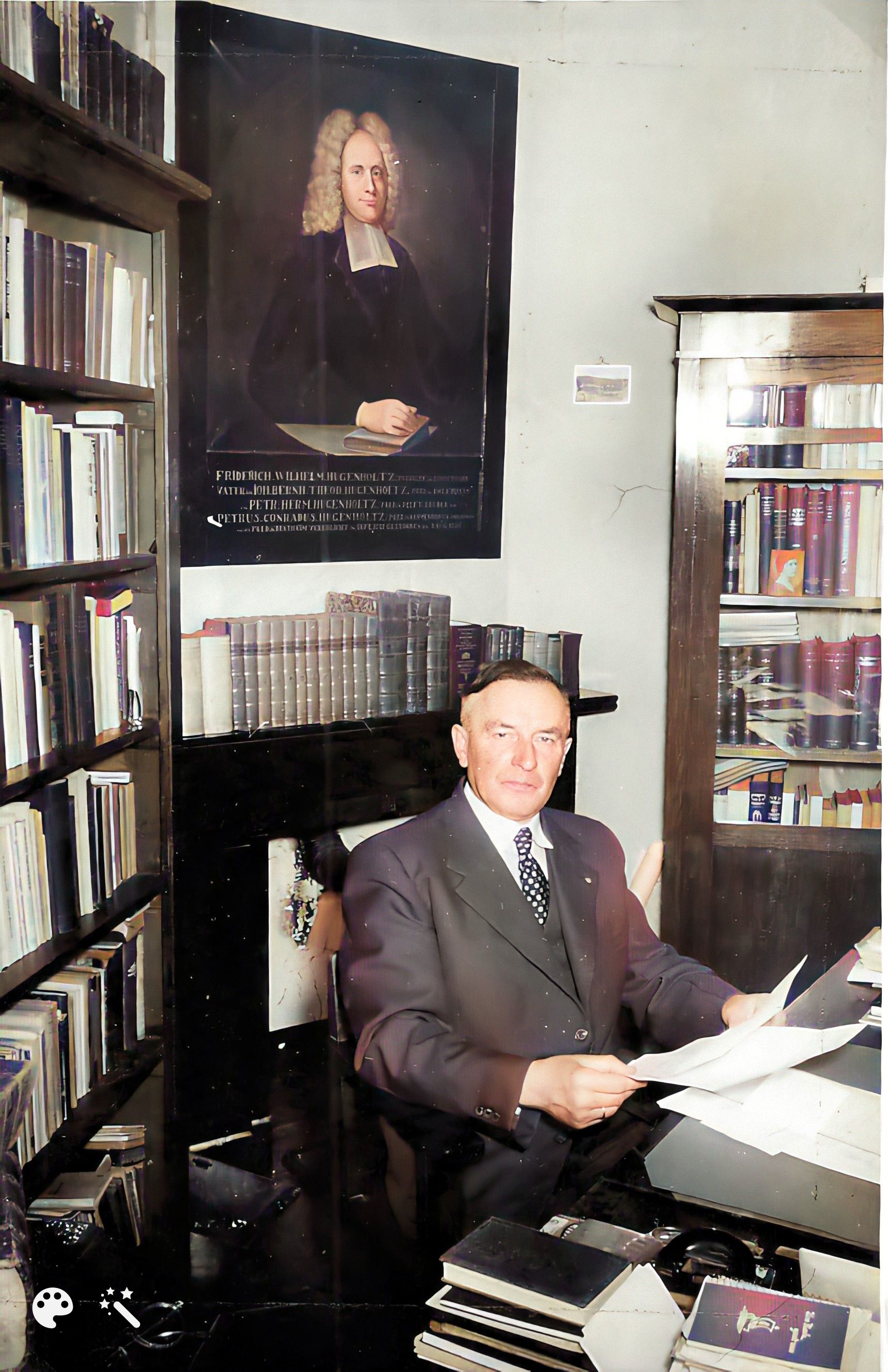 Zijn vader Gerhard Hugenholtz in zijn studeerkamer in Nijkerkerveen (omstreeks 1956).