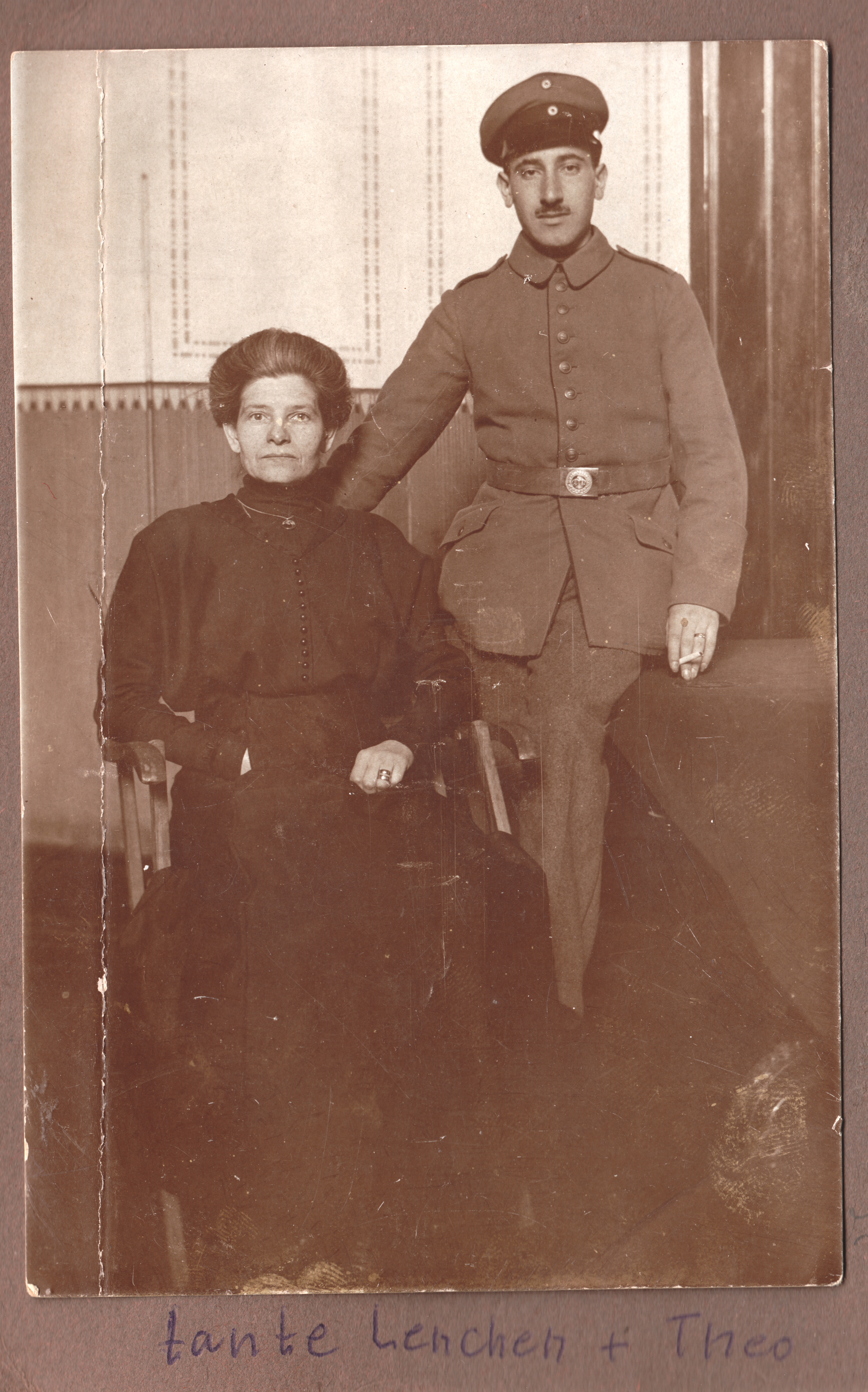 Tante Lenchen and Theo in uniform. Probably right after they had heard that Erich was killed in France in 1916.