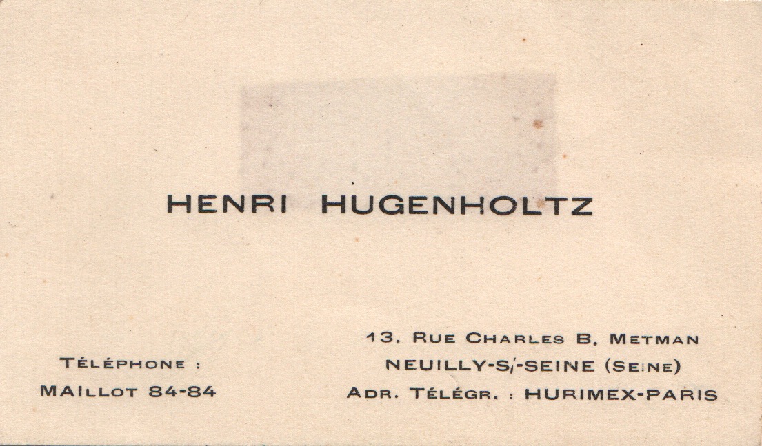 Business card of Henk Hugenholtz in Paris, where he lived in the late 1940’s and beginning of the 1950’s.