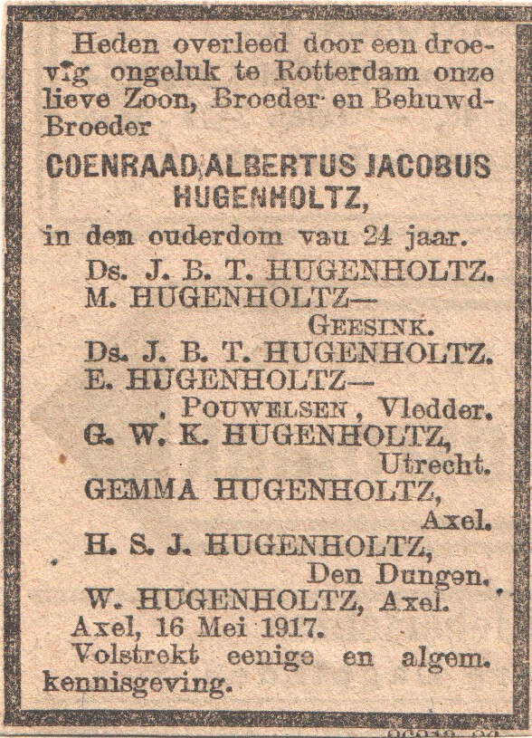 overlijdensadevertentie CAJ (Co) Hugenholtz (1893-1917)