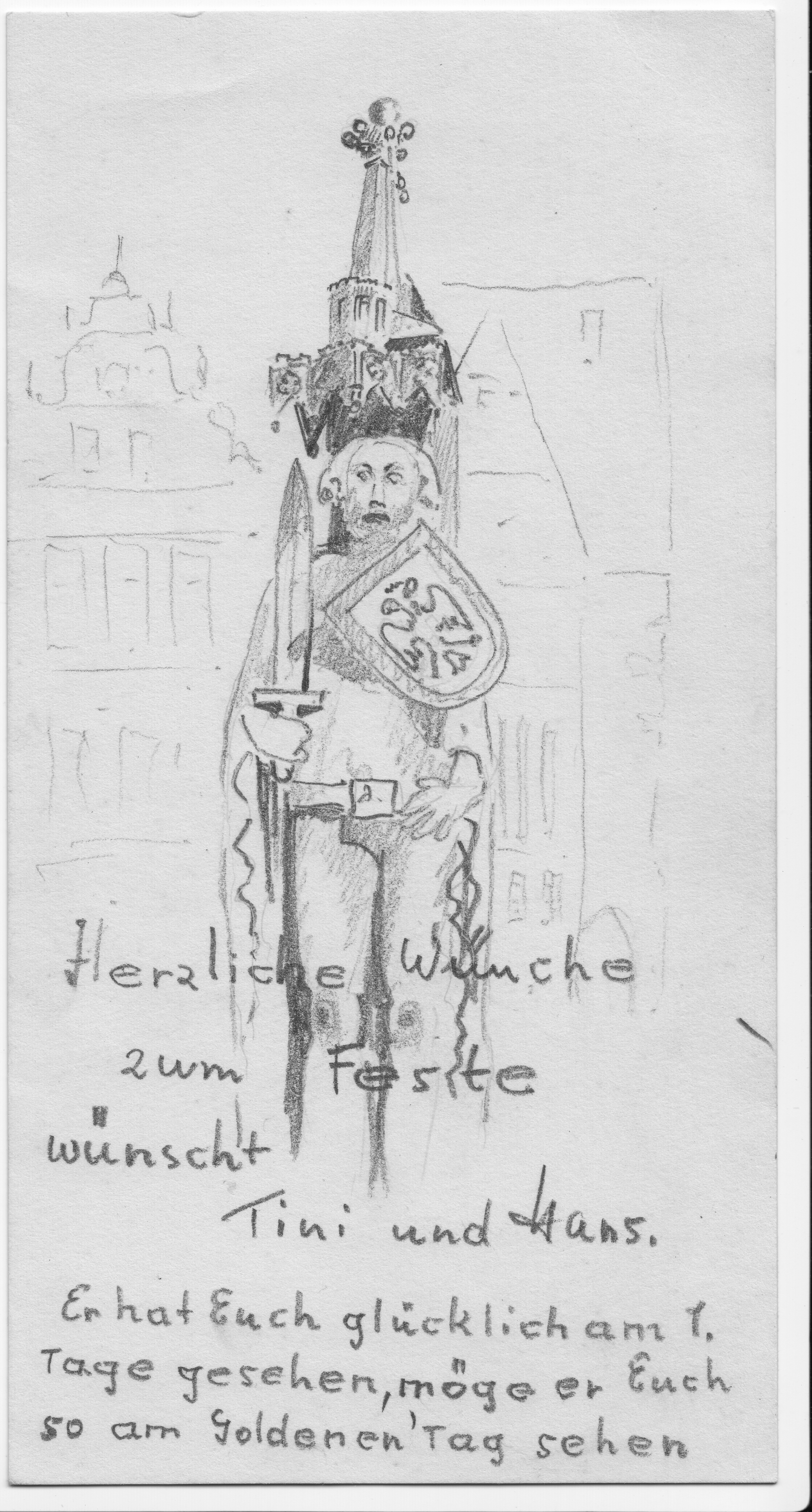 Het Rolandstandbeeld op het marktplein van de Bremen; getekend door Onkel Hans omstreeks 1955.