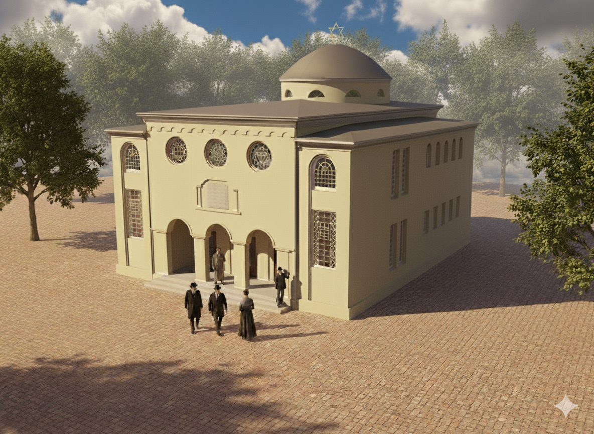 Reconstruction of the former synagogue in Delmenhorst circa 1928. Address: Cramerstraße 20A, Delmenhorst. The building was set on fire and gutted during the pogrom night (9–10 November 1938); in 1940 it was converted into a multi-family house (exterior walls and parts of the stairwells were preserved).