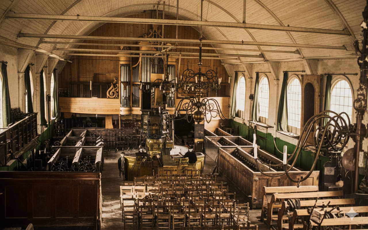 Interieur van de Raampoortlaankerk in Rotterdam. Deze foto is hersteld en ingekleurd op basis van de originele foto.